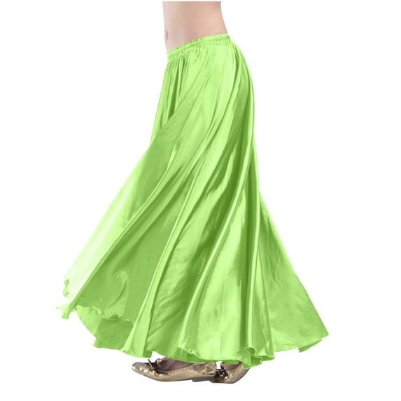 hoksml Women's Satin Full Circle Maxi Skirt, Elastic Waist Flowy Dance Skirt for Belly Dance and Performance