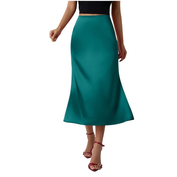 hoksml Women's Satin Midi Skirt, High Waist Silky Flowy A-Line Skirt with Back Zipper for Casual Office Party