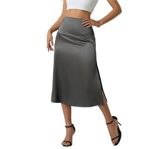 hoksml Women's Satin Midi Skirt, High Waist Silky Flowy Skirt with Side Slit and Elastic Back Waist for Office and Casual Wear