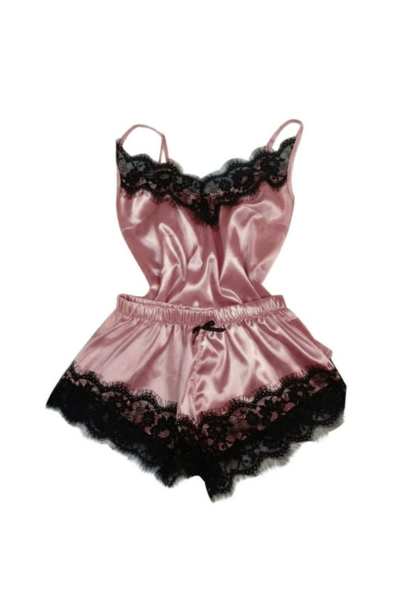 Women's Satin Pajama Set Short Sleeve Shirt with Shorts Lace Trim Camisole and Boxer Shorts Sleepwear Loungewear for Ladies