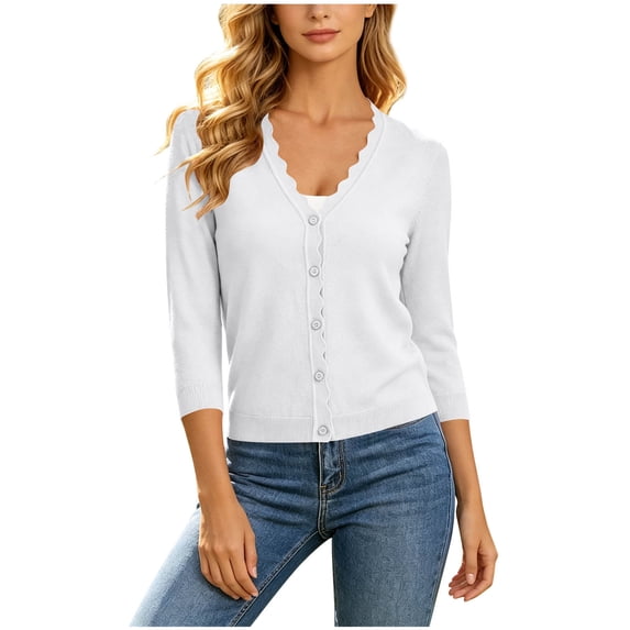hoksml Women's Scalloped V Neck Button Front Cardigan, Cropped Knit Layering Sweater with 3/4 Sleeve and Ribbed Hem