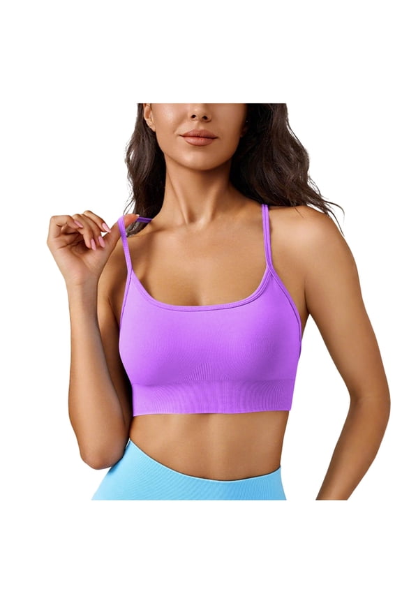 Women's Seamless Ribbed Sports Bra, Crisscross Strappy Back Medium Support Bralette for Yoga and Workout