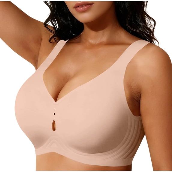 hoksml Women's Seamless Wireless Bra, Adjustable Wide Straps Medium Support Comfort Bra with Keyhole V-Neck and Back Smoothing