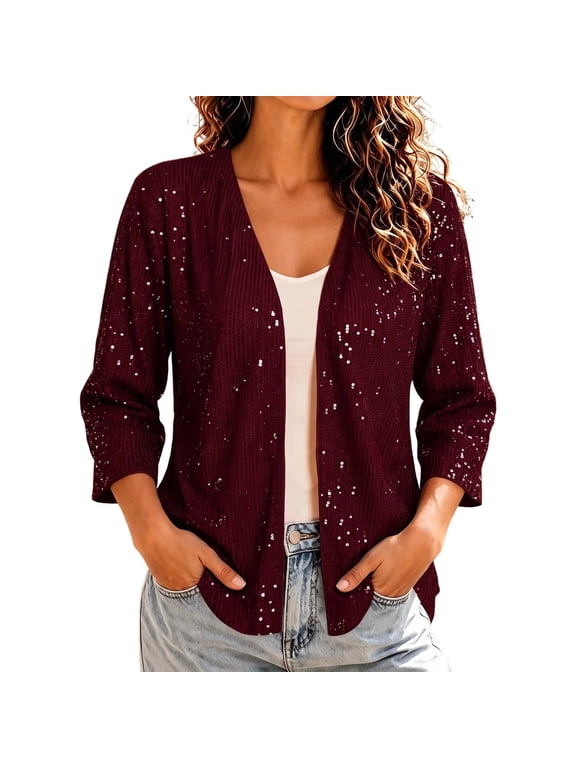 Women's Sequin Cardigan, Open Front 3/4 Sleeve Solid Color Dressy Casual Outerwear