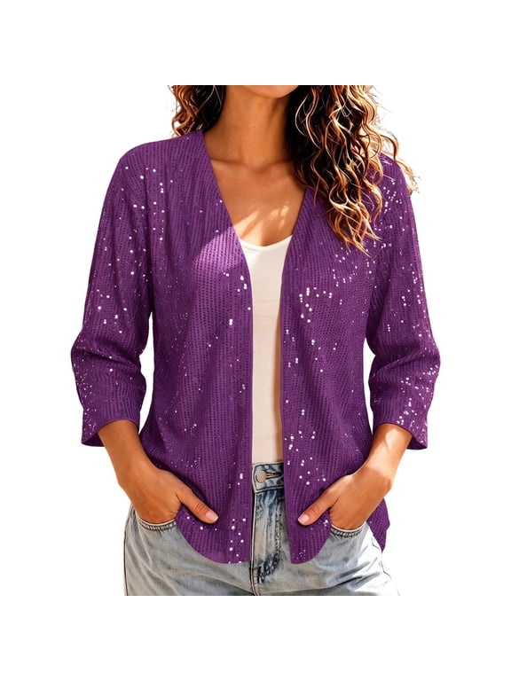 Women's Sequin Cardigan, Open Front 3/4 Sleeve Solid Color Dressy Casual Outerwear