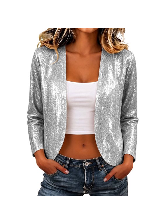 Women’s Sequin Cropped Jacket, Open-Front Long-Sleeve Party Outer Shrug