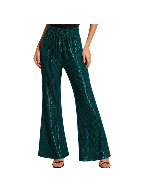 Women's Sequin Flare Pants, Elastic Waist Solid Color Dressy Trousers