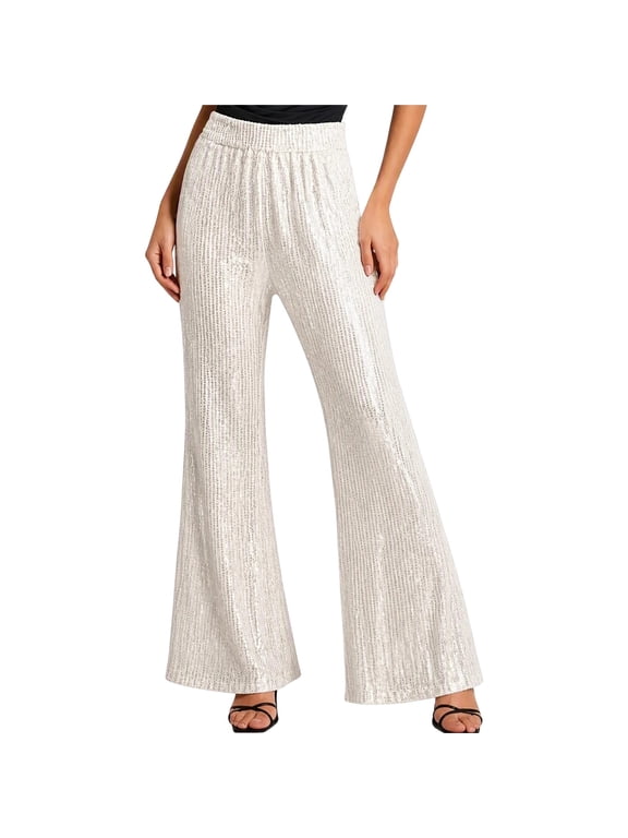 Women's Sequin Flare Pants, Elastic Waist Solid Color Dressy Trousers