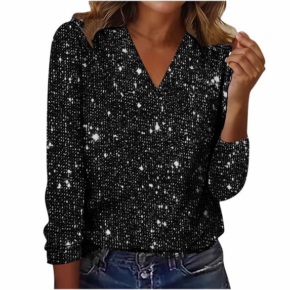 hoksml Women's Sequin Long Sleeve Blouse V Neck Sparkle Glitter Party Tops Multiple Colors