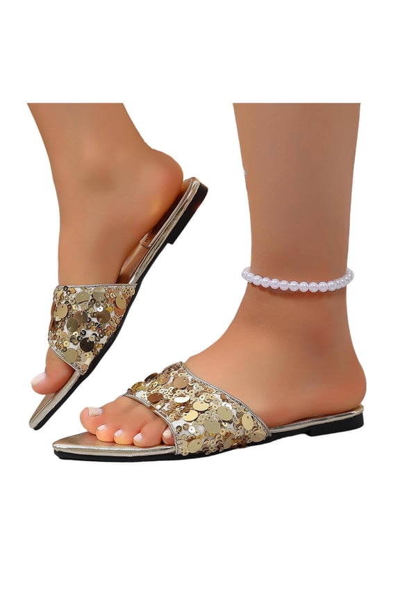 Women's Sequin Pointed Toe Slide Sandals, Slip On Party Slippers for Evening and Daily Wear