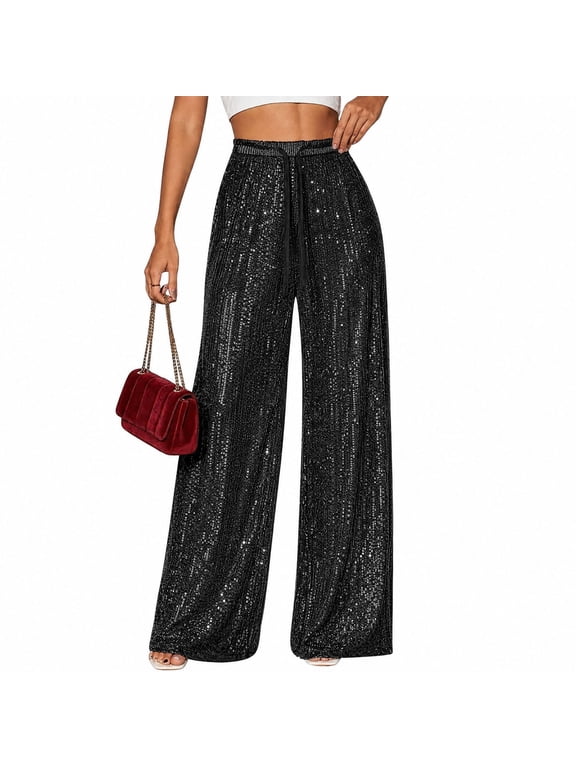 Women's Sequin Wide Leg Pants Drawstring Elastic Waist Sparkly Party Trousers with Pockets