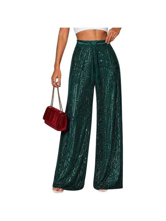 Women's Sequin Wide Leg Pants Drawstring Elastic Waist Sparkly Party Trousers with Pockets