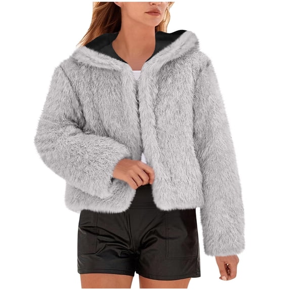 hoksml Women's Short Faux Fur Hooded Cardigan, Long Sleeve Drop Shoulder Coat with Lining, Oversized Shacket