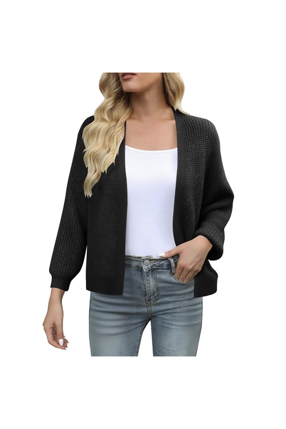 Women's Short Lantern Sleeve Chunky Knit Cardigan Textured Fall Winter Cropped Sweater Coat Oversized Open Front Cover-Up
