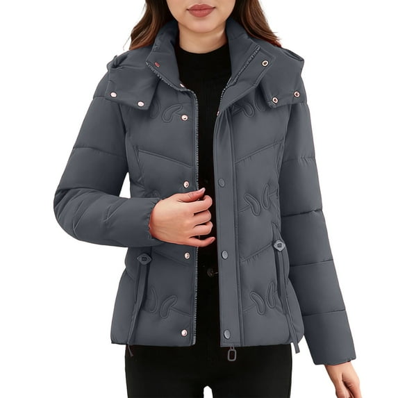 hoksml Women's Short Puffer Jacket with Detachable Hood, Plus Size Fashion Solid Color Winter Coat Versatile Zip Front Jacket