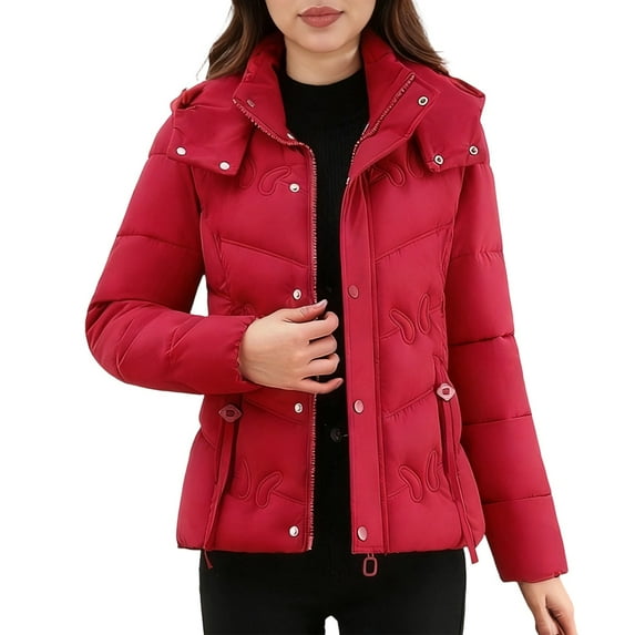 hoksml Women's Short Puffer Jacket with Detachable Hood, Plus Size Fashion Solid Color Winter Coat Versatile Zip Front Jacket