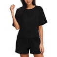 thumbnail image 1 of hoksml Women's Short Sleeve Linen Cotton 2 Piece Short Sets, Summer Beach Outfits, Crew Neck Crop Top and Shorts, 1 of 6