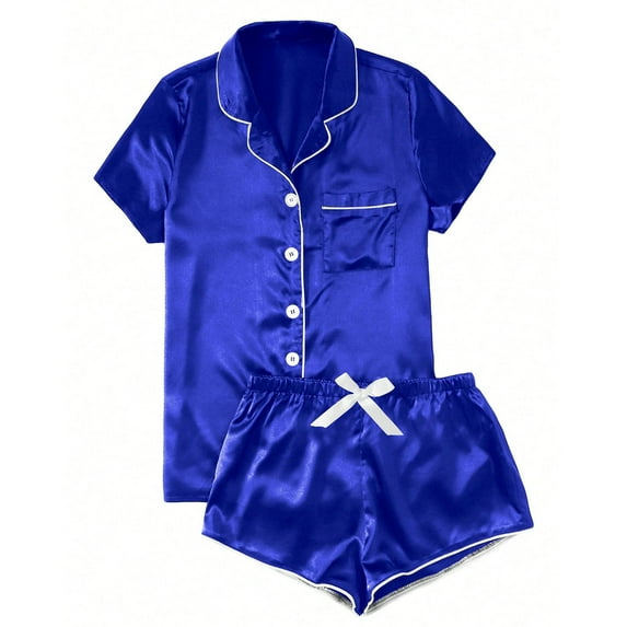 hoksml Women's Short Sleeve Pajamas Set with Lapel Collar Bow Tie Solid Color Button Down Top and Shorts 2 Piece Sleepwear