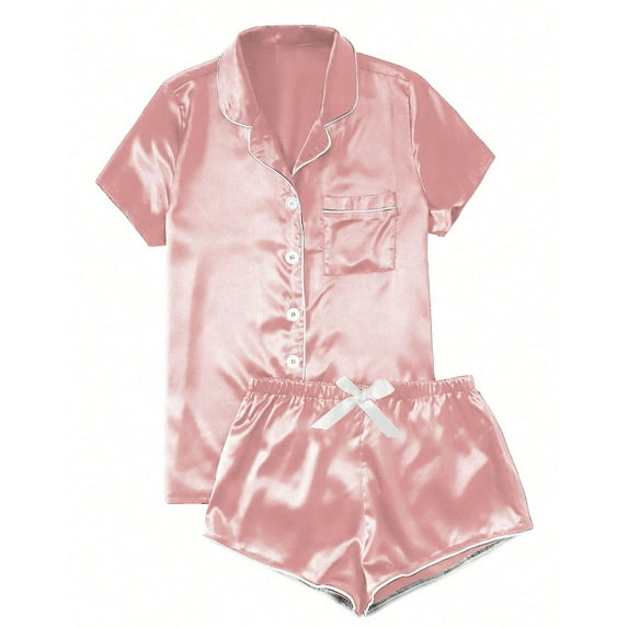hoksml Women's Short Sleeve Pajamas Set with Lapel Collar Bow Tie Solid Color Button Down Top and Shorts 2 Piece Sleepwear