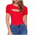thumbnail image 1 of hoksml Women's Short Sleeve T-Shirt Slim Fit Solid Color Round Neck with Cut-Out Detail Casual Pullover Top, 1 of 5