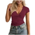 thumbnail image 1 of hoksml Women's Short Sleeve Wrap Top Deep V Neck Fitted Ruched Hem Casual Tops Multiple Colors, 1 of 6