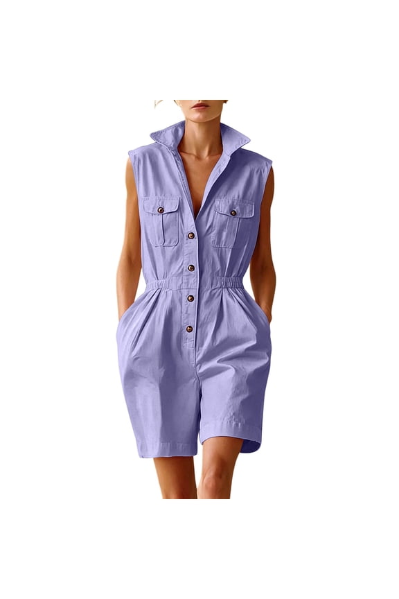 Women's Sleeveless Collared Romper - Button-Front with Elastic Waist and Pockets