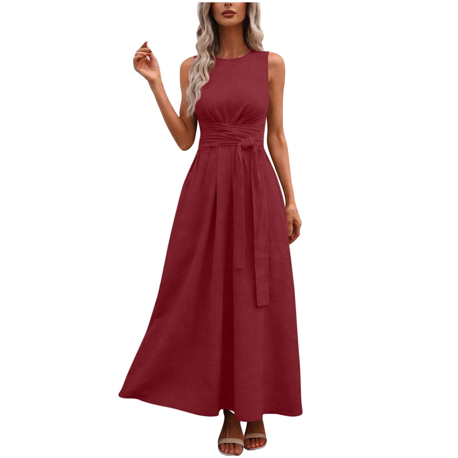 hoksml Women's Sleeveless Crew Neck Maxi Dress with Self-Tie Waist, A ...