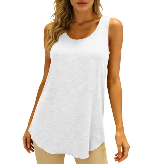 hoksml Women's Sleeveless Curved Hem Cotton Tank Top Loose Fit Crew Neck Casual Top for Everyday Wear