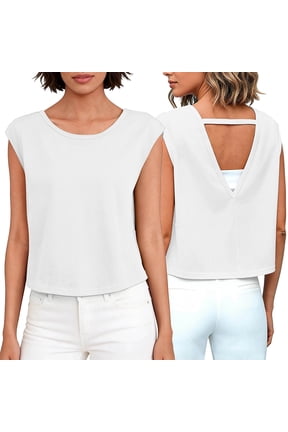 Women's Sleeveless Cutout Back Tennis Top, Round Neck V-Back Cropped Tank Blouse