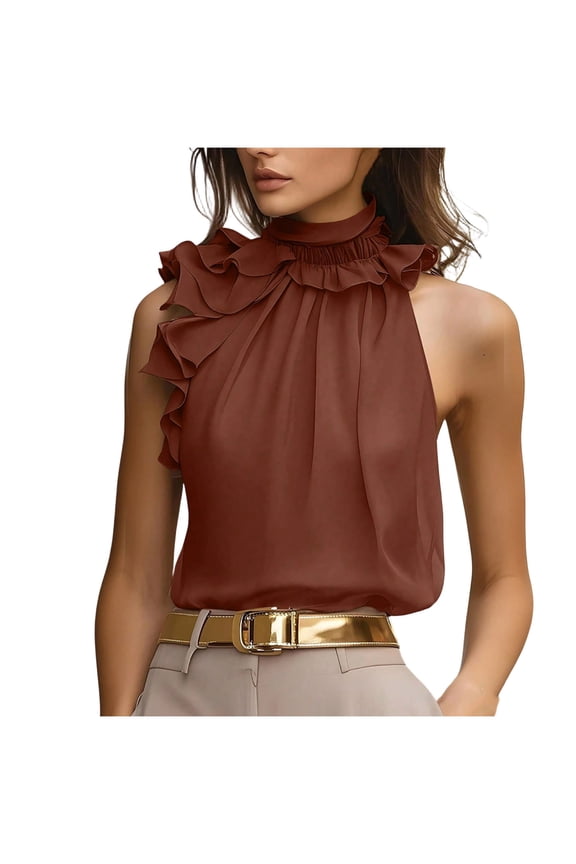 Women's Sleeveless Halter Neck Blouse Ruffle Trim High Neck Casual Top with Curved Hem for Work and Events