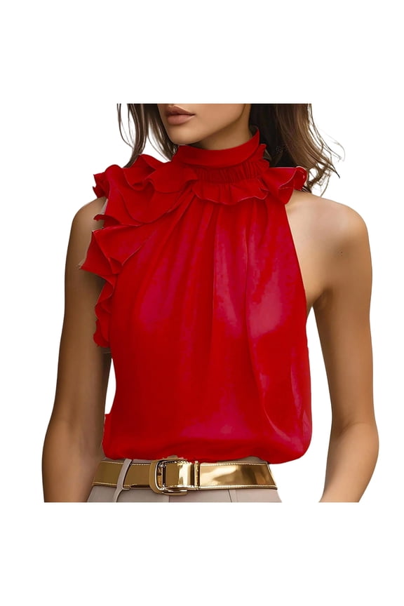 Women's Sleeveless Halter Neck Blouse Ruffle Trim High Neck Casual Top with Curved Hem for Work and Events