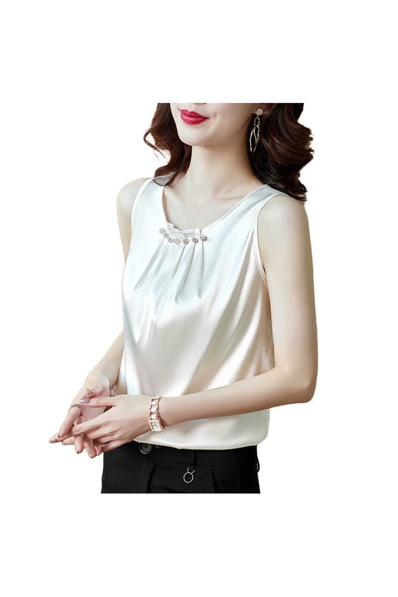 Women's Sleeveless Satin Blouse Pleated Neckline with Decorative Beads Casual Dressy Tank Tops for Office Evening Wear