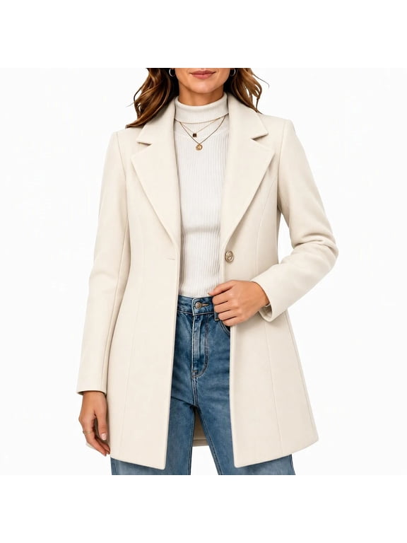 Women's Slim Fit Notched Lapel Mid-Length Blazer Coat, Single Button Casual Elegant Outerwear for Fall Winter Daily Office