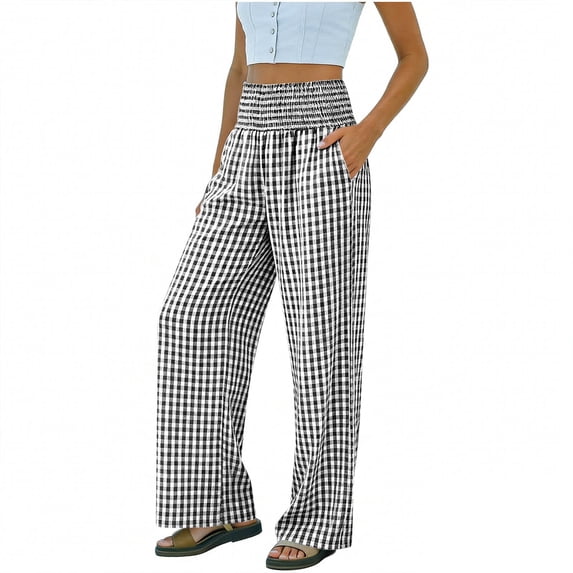 hoksml Women's Smocked Waist Checkered Pants, High Waist Loose Fit Wide Leg Trousers with Side Pockets