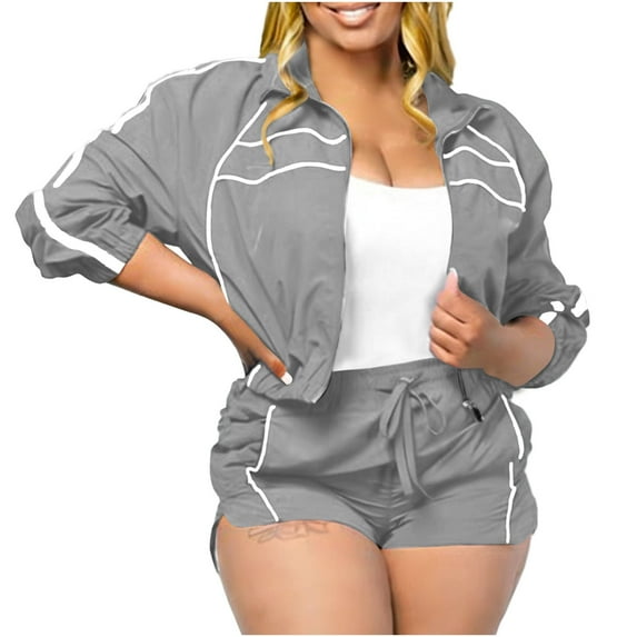 hoksml Women's Solid Color Active Set Cropped Long Sleeve Zip-Up Stand Collar Jacket and Pocket Shorts, Casual Loose Fit Shorts Outfit Two-Piece