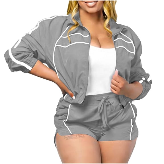 hoksml Women's Solid Color Active Set Cropped Long Sleeve Zip-Up Stand Collar Jacket and Pocket Shorts, Casual Loose Fit Shorts Outfit Two-Piece