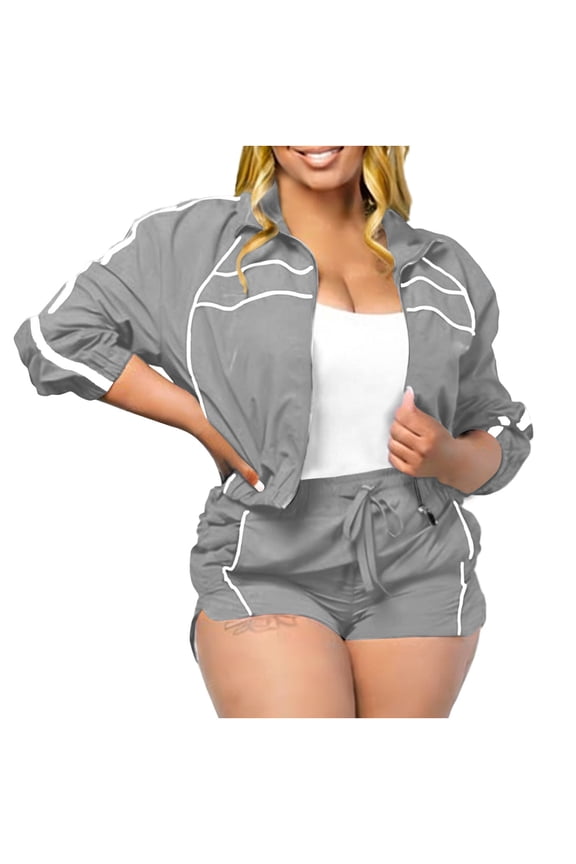 Women's Solid Color Active Set Cropped Long Sleeve Zip-Up Stand Collar Jacket and Pocket Shorts, Casual Loose Fit Shorts Outfit Two-Piece