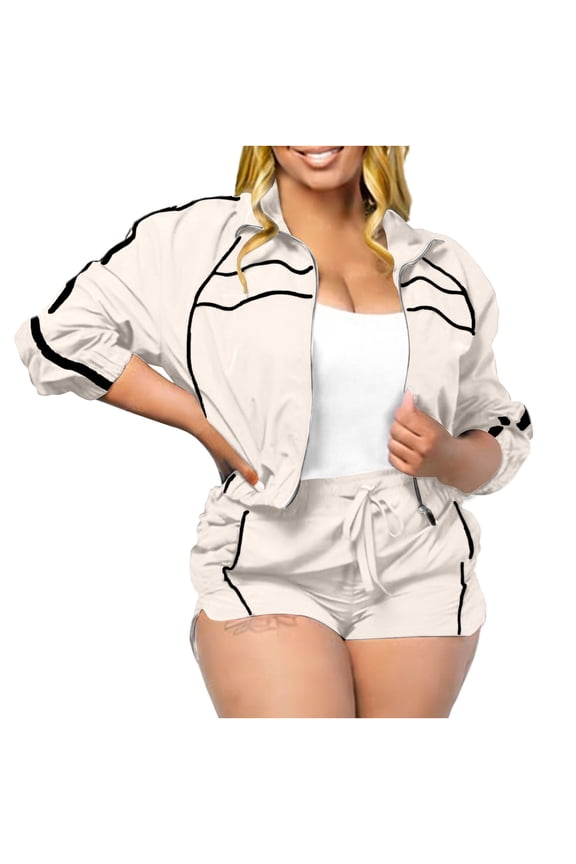 Women's Solid Color Active Set Cropped Long Sleeve Zip-Up Stand Collar Jacket and Pocket Shorts, Casual Loose Fit Shorts Outfit Two-Piece