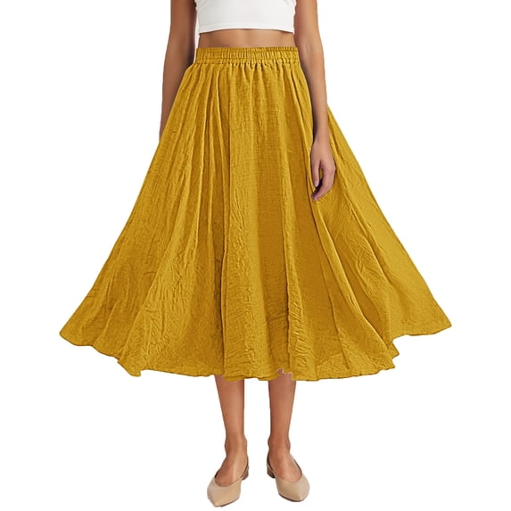 hoksml Women's Solid Color Beach Crinkle Midi Skirt, High Elastic Waist A-Line Flowy Skirt for Casual and Daily Wear