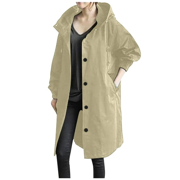 hoksml Women's Solid Color Button Pocket Recreational Hooded Long Sleeve Windbreaker Winter Coat Tops Clearance
