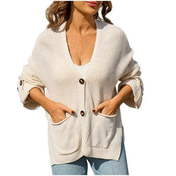 hoksml Women's Solid Color Cardigan with Pockets Side Slits, Casual Button Down Knit Sweater Decorative Cuff Detail Open Front Top