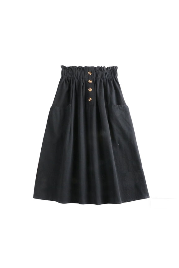 Women's Solid Color Cotton Linen Midi Skirt, High Elastic Waist A-Line Skirt with Button Detail and Pockets