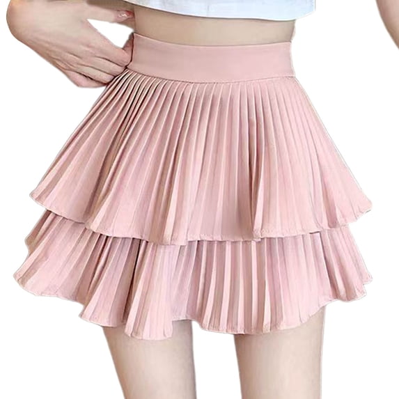 hoksml Women's Solid Color Double-Layer Pleated Mini Skirt, High Elastic Waist Flowy Skirt with Built-In Shorts for Casual Wear