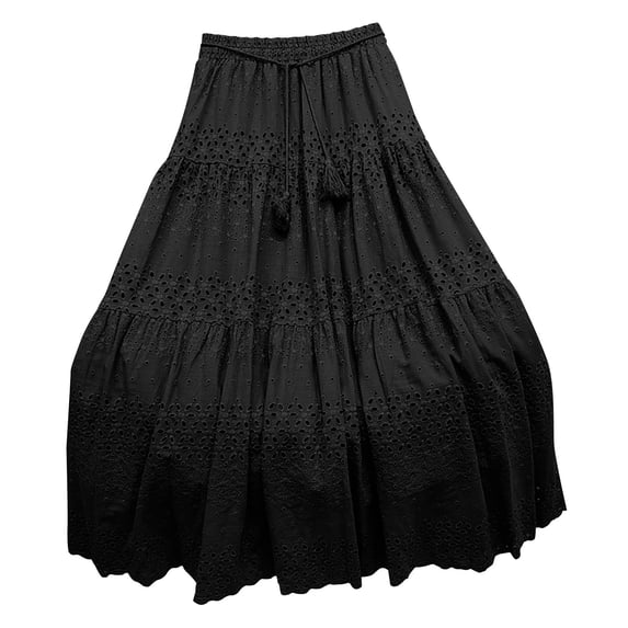 hoksml Women's Solid Color Eyelet Embroidery Maxi Skirt, High Elastic Waist Tiered A-Line Skirt with Tassel Tie