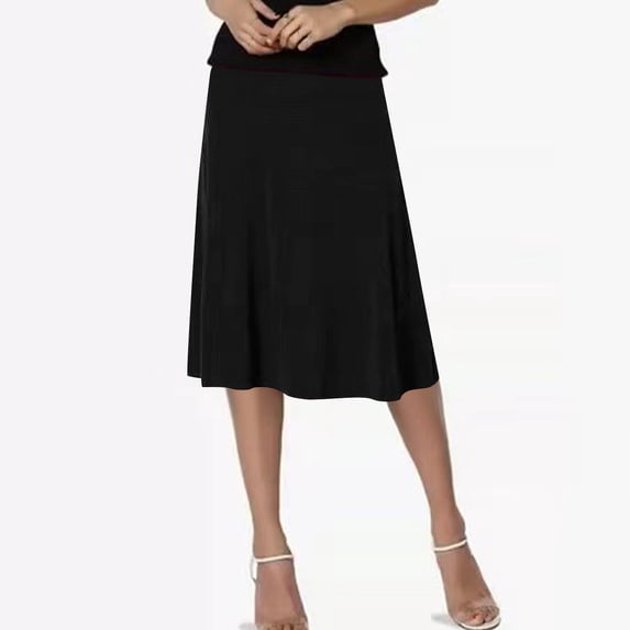 hoksml Women's Solid Color High-Waist Flare Midi Skirt, Stretchy Knit Skirt for Casual and Office Wear