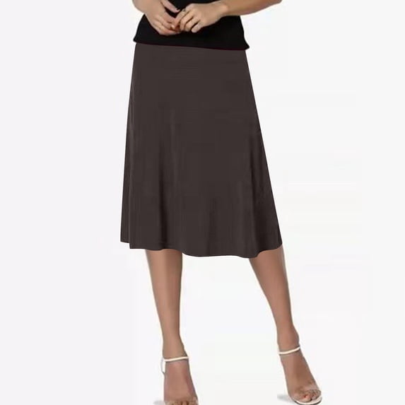 hoksml Women's Solid Color High-Waist Flare Midi Skirt, Stretchy Knit Skirt for Casual and Office Wear