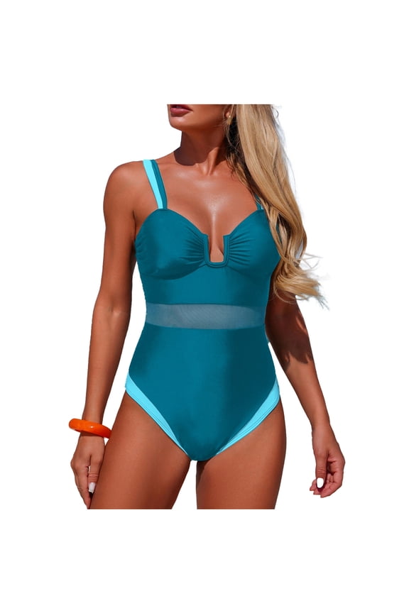 Women's Solid Color Mesh Panel Strappy One-Piece Swimsuit - Adjustable Shoulder Straps Bikini Style Monokini