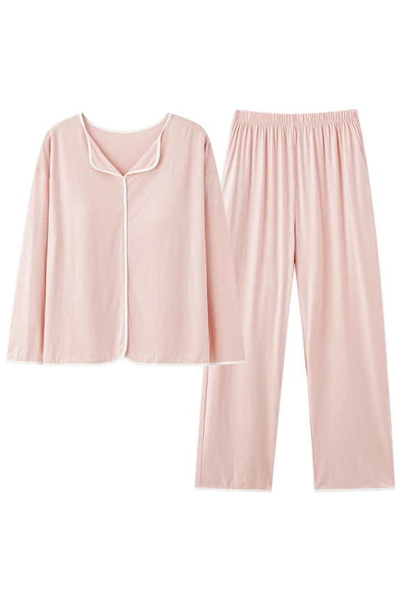 Women's Solid Color Pajama Set with Built-in Bra Long Sleeve Top and Elastic Waist Pants Supportive Loungewear Set