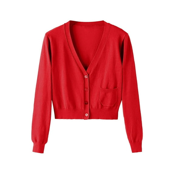 hoksml Women's Solid Color Short Button Cardigan Long Sleeve Crewneck Knit Sweater Coat Casual Cropped Open Front Cover-Up