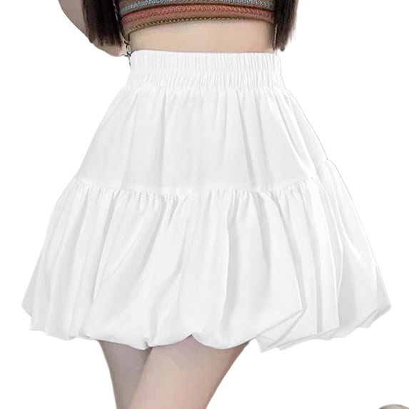 hoksml Women's Solid Color Tiered Bubble Mini Skirt, High Elastic Waist Flowy Skirt with Built-In Shorts for Casual Wear